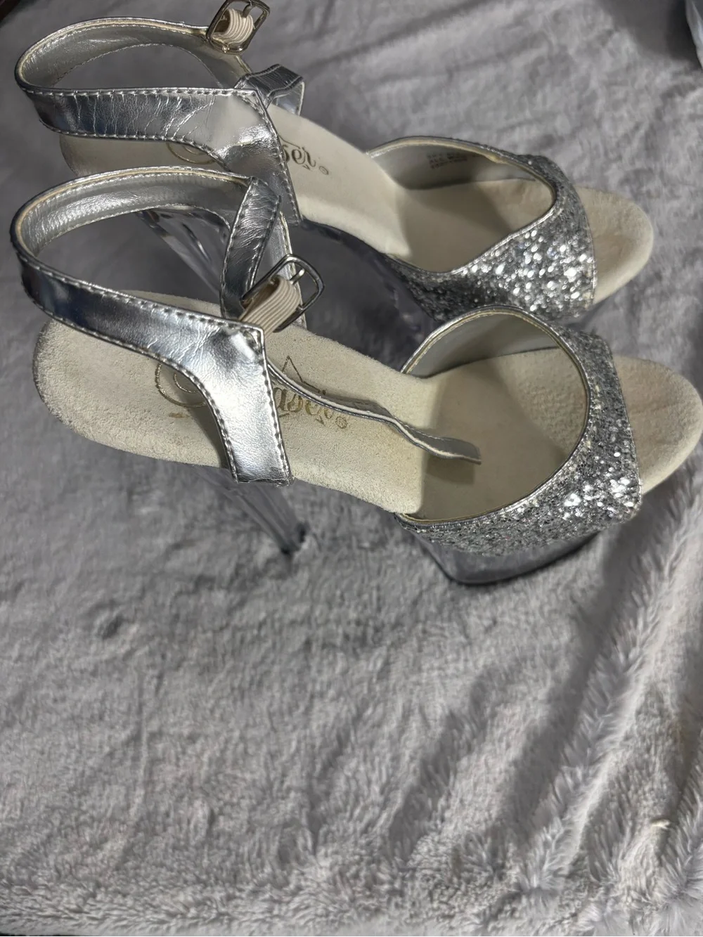 Pleaser Silver Glitter Clear Platform Stiletto Sandals
